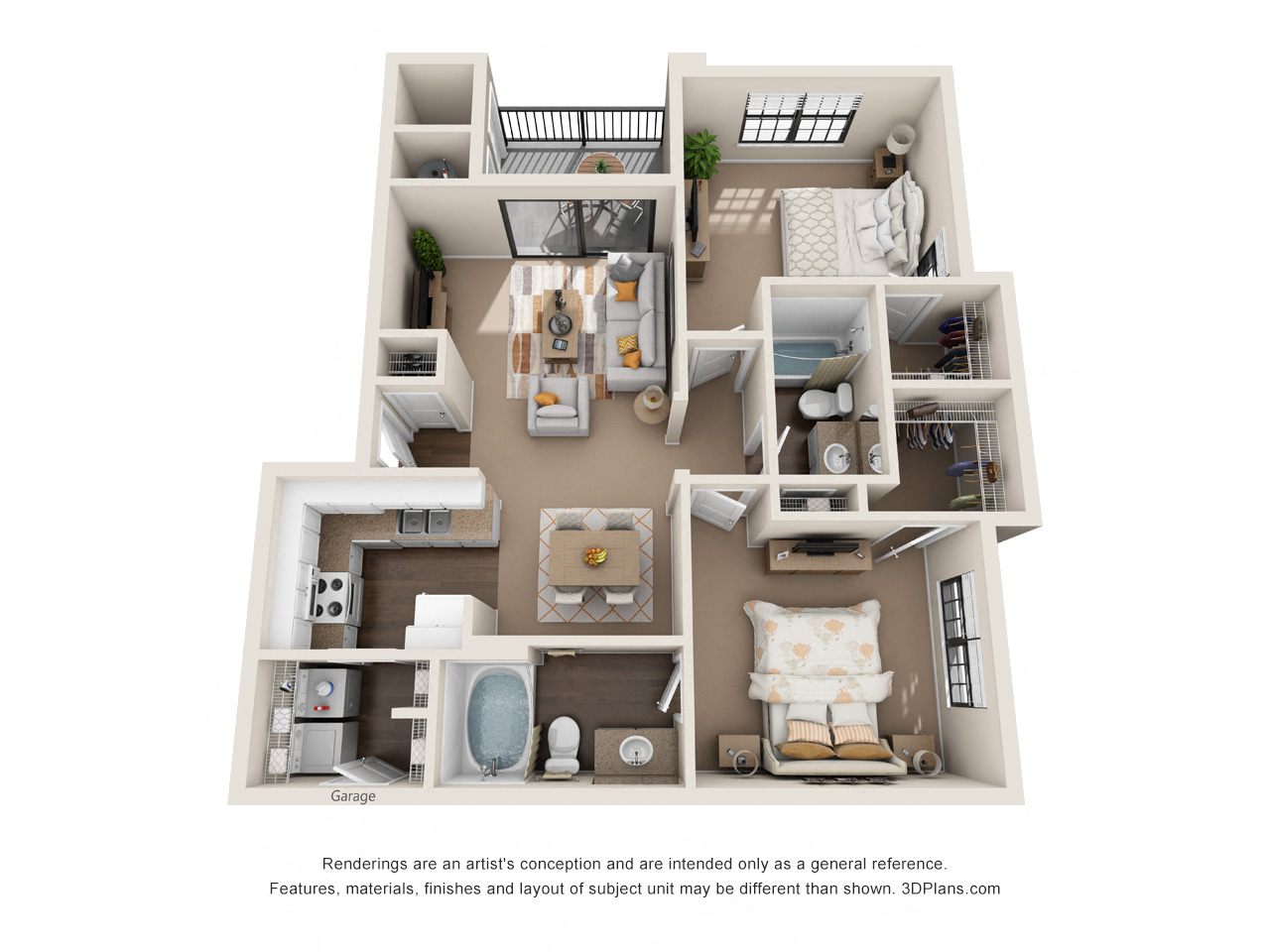 Floor plan for 2 beds, 2 baths, 1000 sqft